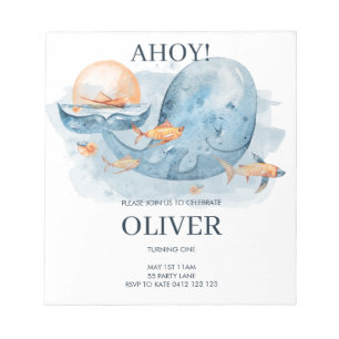 BUDGET Cute Waterverf Whale Birthday Uitnodiging Notitieblok