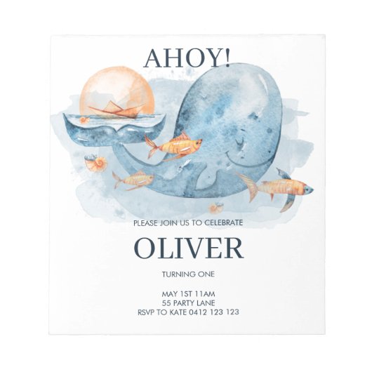 BUDGET Cute Waterverf Whale Birthday Uitnodiging Notitieblok (Voorkant)