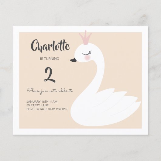 BUDGET Cute White Swan Birthday Uitnodiging (Voorkant)