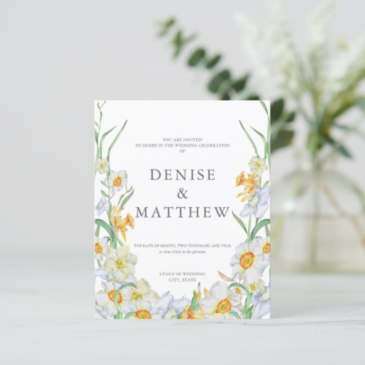 Budget Daffodil Wedding Invitation met Basil Back (Staand voorkant)