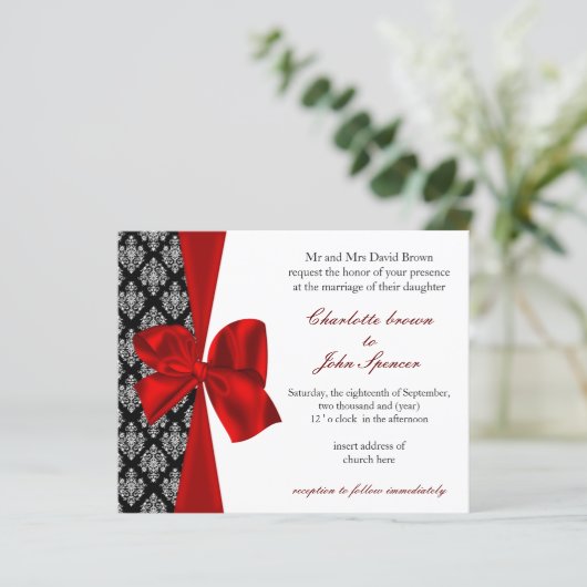 Budget Damask Black Red Wedding Uitnodiging (Staand voorkant)