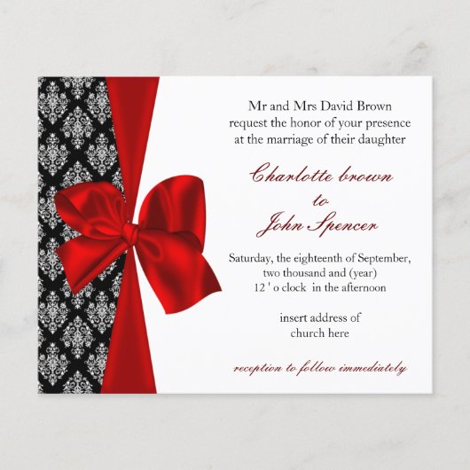 Budget Damask Black Red Wedding Uitnodiging (Voorkant)