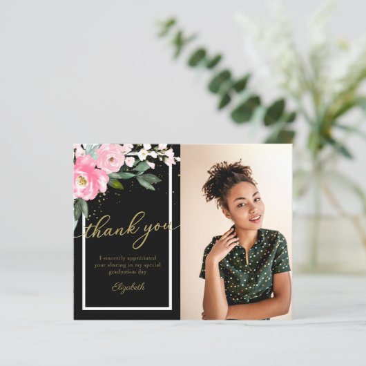 Budget Dank u kaart Hot Pink Bloemen Foto Afstudee (Staand voorkant)