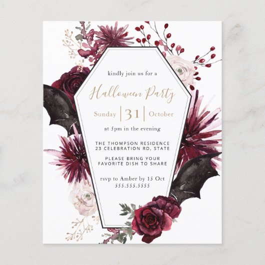 Budget Dark Floral Burgundy Halloween Party Invite (Voorkant)