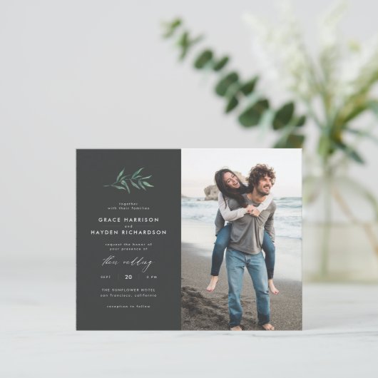 Budget Dark Green Branch Wedding Fotouitnodiging (Staand voorkant)