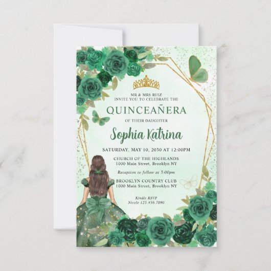 Budget Dark Green Gold Prinses Quinceañera Notitiekaartje (Voorkant)
