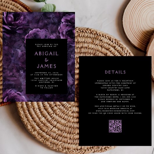 Budget Dark Moody Paarse Bloemen QR Code Huwelijk