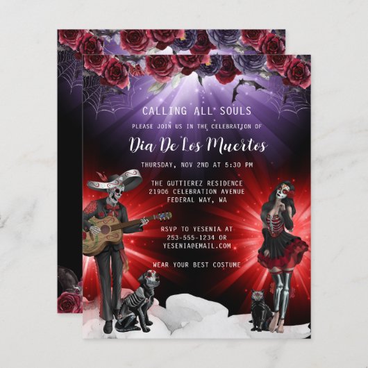Budget Day of the Dead Floral Invitation (Voorkant / Achterkant)