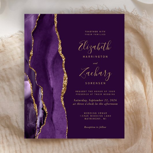 Budget Deep Purple Gold Agate Trouw Uitnodiging