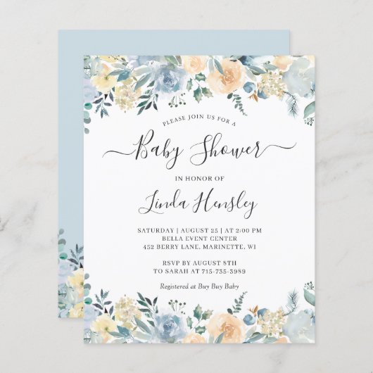 Budget Deusty Blue Floral Baby shower Invitation (Voorkant / Achterkant)