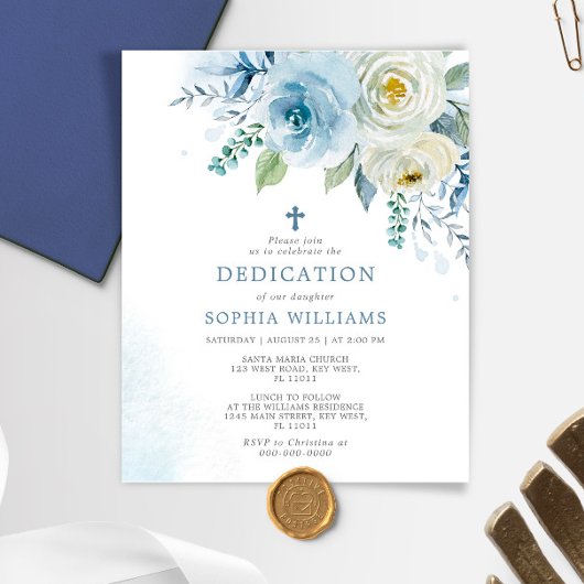 Budget Deusty Blue Floral Dedication Invitation