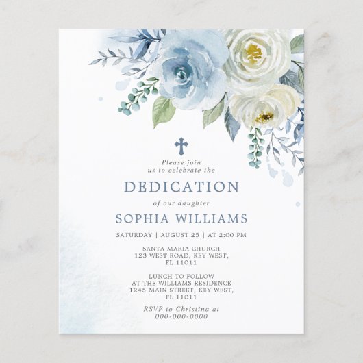 Budget Deusty Blue Floral Dedication Invitation (Voorkant)