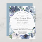 Budget Deusty Blue Floral Funeral Invitation (Voorkant / Achterkant)