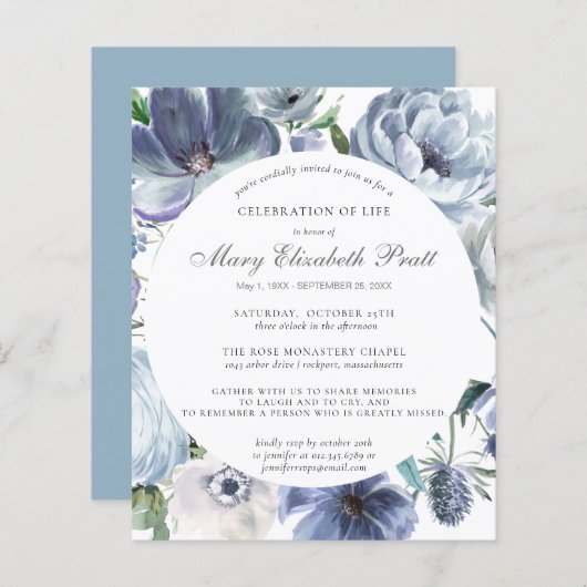 Budget Deusty Blue Floral Funeral Invitation (Voorkant / Achterkant)