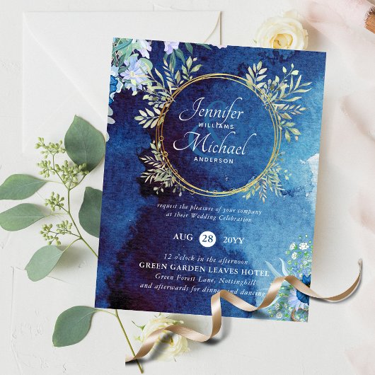 Budget Deusty Blue Floral Wedding Invitation