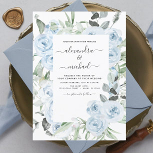 Budget Deusty Blue Floral Wedding Invitation