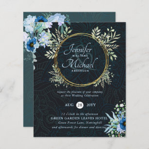 BUDGET Deusty Blue Gold Floral Weddenschap Uitnodi