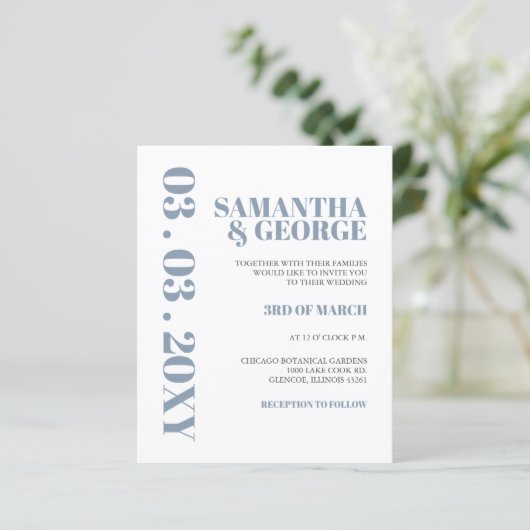 Budget Deusty Blue Modern Wedding Invitation (Staand voorkant)