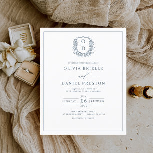 Budget Deusty Blue Monogram Weddenschap Uitnodigin