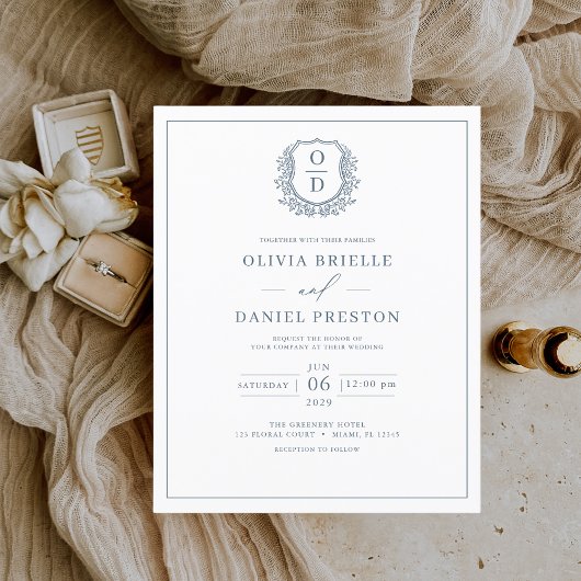 Budget Deusty Blue Monogram Weddenschap Uitnodigin