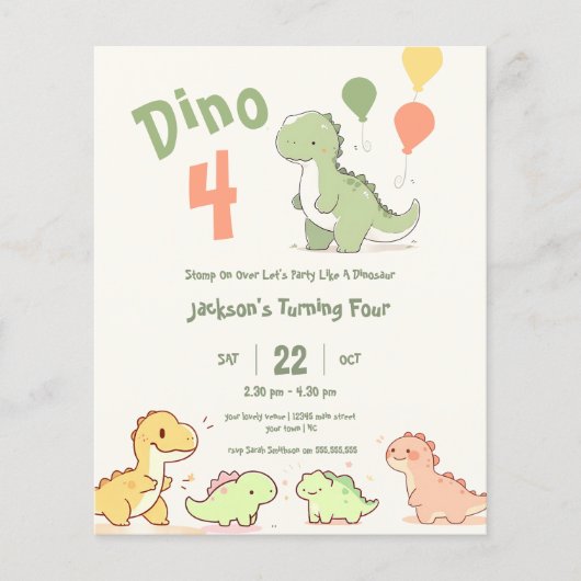 Budget Dino Vier 4de Verjaardagsfeest Uitnodiging (Voorkant)