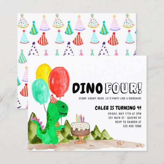 Budget Dino VIER Ballon Dinosaurus 4e Verjaardag (Voorkant / Achterkant)
