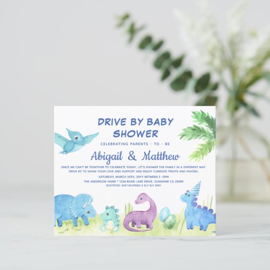 BUDGET Dinosaur drive by Baby shower nodiging (Staand voorkant)