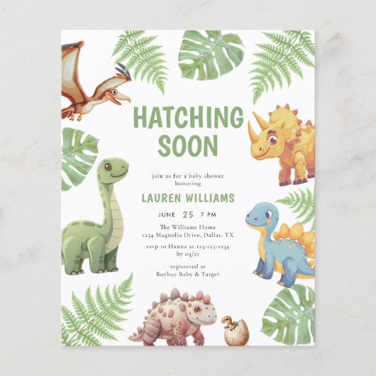 Budget Dinosaur Hatching Soon Baby shower nodigt u (Voorkant)