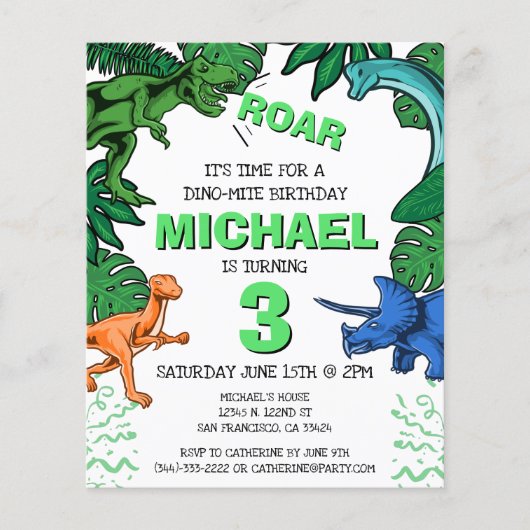 Budget Dinosaur Kinder Dino Trex Birthday Uitnodig (Voorkant)