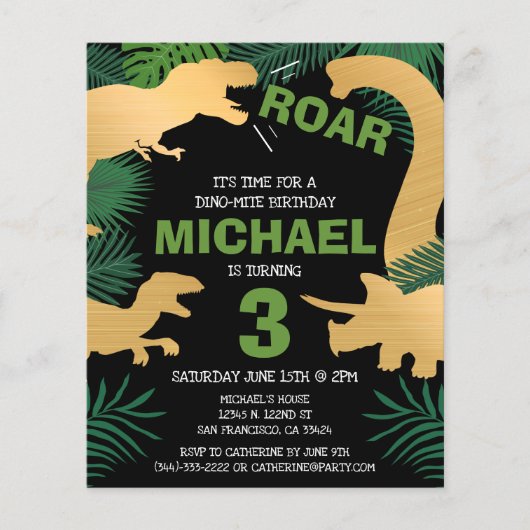 Budget Dinosaur Kinder Dino Trex Birthday Uitnodig Flyer (Voorkant)