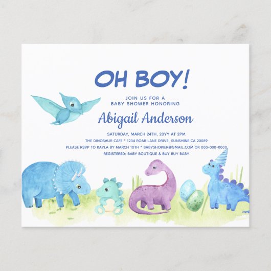 BUDGET Dinosaur Oh Boy Baby shower Uitnodiging Flyer (Voorkant)