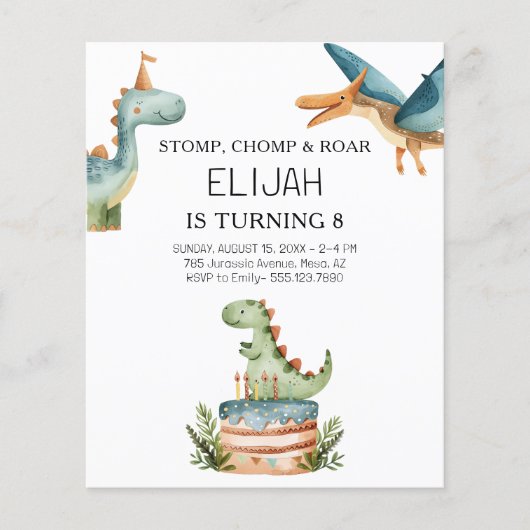 Budget Dinosaur Verjaardag Kinder feestuitnodiging (Voorkant)