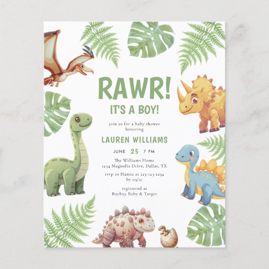Budget Dinosaurus Rawr It A Boy Baby shower Invite Flyer (Voorkant)