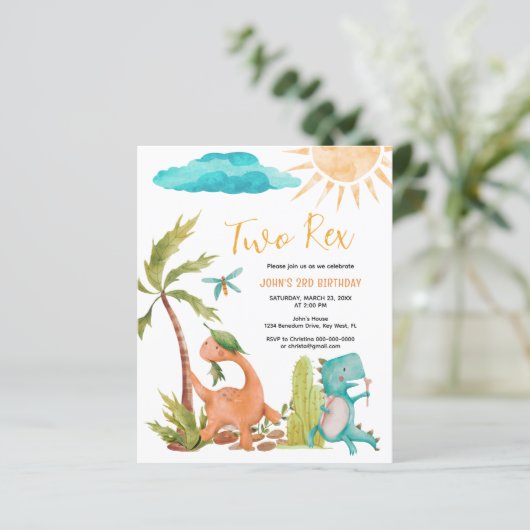 Budget Dinosaurus Twee Rex Verjaardag Uitnodiging (Staand voorkant)