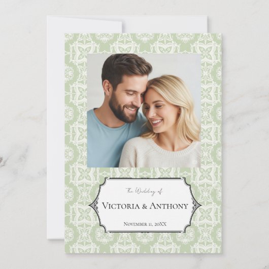 Budget DIY Elegant Sage Green Custom Photo Wedding Kaart (Achterkant)