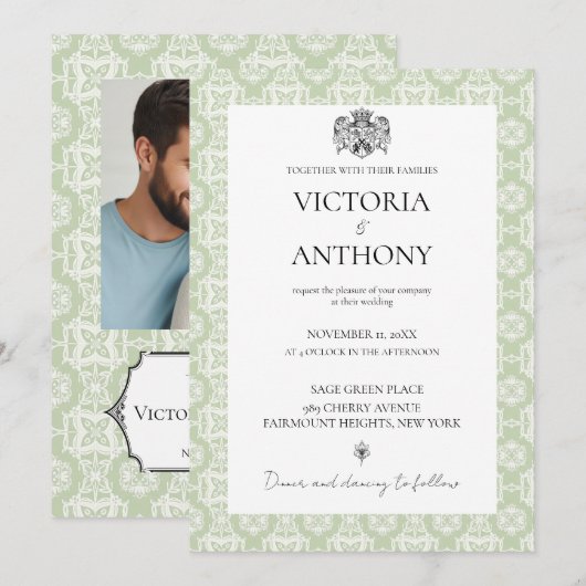 Budget DIY Elegant Sage Green Custom Photo Wedding Kaart (Voorkant / Achterkant)