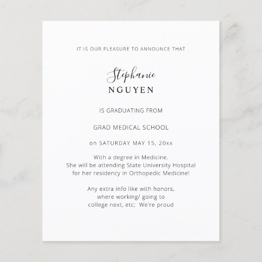 Budget Doctor Elegant Foto Afstuderen Aankondiging (Achterkant)