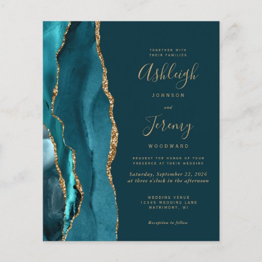 Budget Donk Blauwgroen Gold Agate Wedding Invitati (Voorkant)