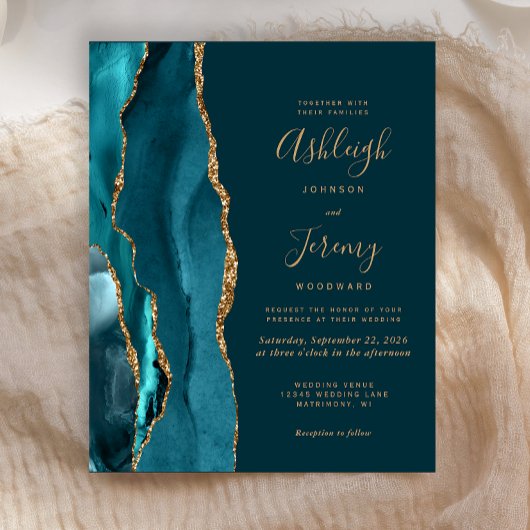 Budget Donk Blauwgroen Gold Agate Wedding Invitati