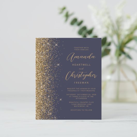 Budget Donk Blue Gold Elegant Wedding Invitation (Staand voorkant)