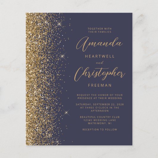 Budget Donk Blue Gold Elegant Wedding Invitation (Voorkant)