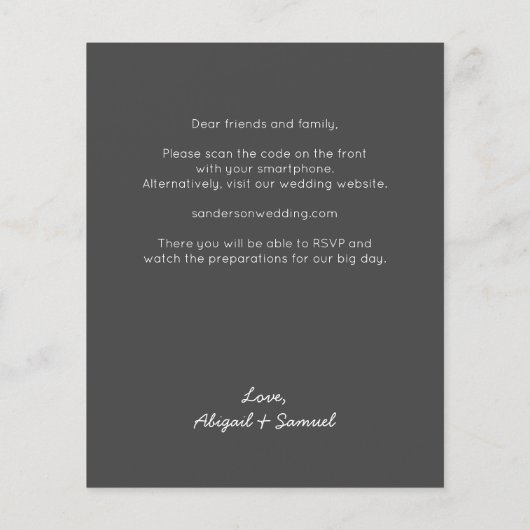 Budget Donker Grijs QR Code Bruiloft uitnodiging (Achterkant)