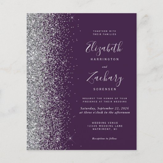 Budget donker Paars Silver Glitter Wedding Invite (Voorkant)