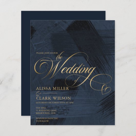 BUDGET donkerblauw, gouden bruiloft-uitnodiging (Voorkant / Achterkant)