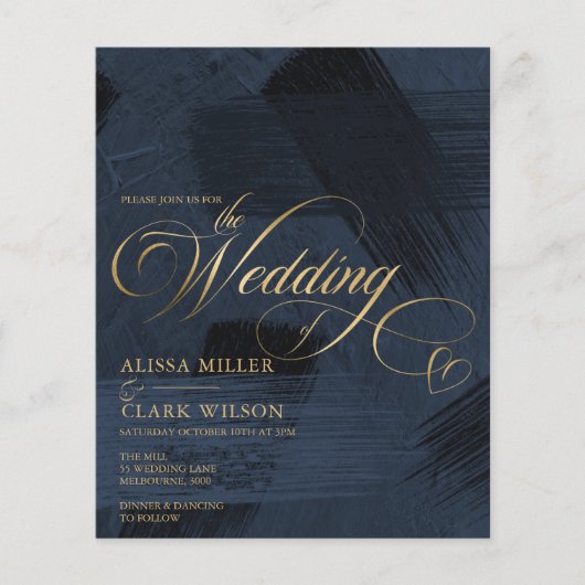 BUDGET donkerblauw, gouden bruiloft-uitnodiging (Voorkant)