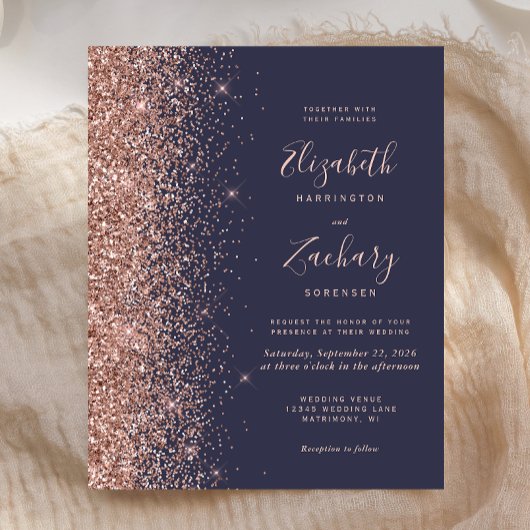 Budget donkerblauw Roos Gold Glitter Wedding Invit