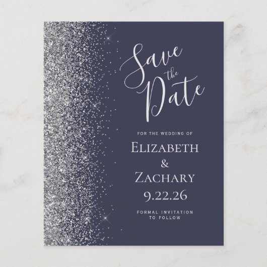 Budget Donkerblauw Silver Save the Date Kaart (Voorkant)
