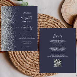 Budget Donkerblauw Zilver Glitter QR Code Trouwen