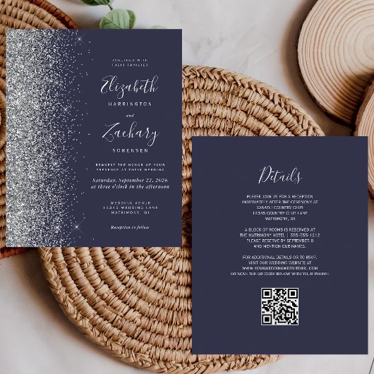 Budget Donkerblauw Zilver Glitter QR Code Trouwen