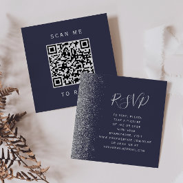 Budget Donkerblauw Zilver Wedding QR Code RSVP Informatiekaartje